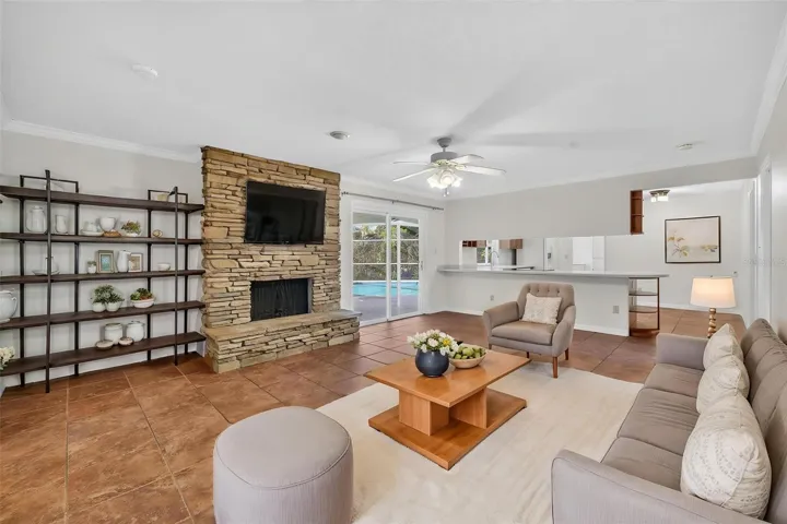 Family room with wood-burning fireplace