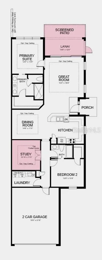 Floor Plan ~ Additional Highlights Include: Whole house impact windows, tray ceiling pkg, double pocket doors at study, 8' interior doors, garden fence, pre-plumb for laundry sink, cushion close doors and drawers, and extended flooring to primary suite and closet.