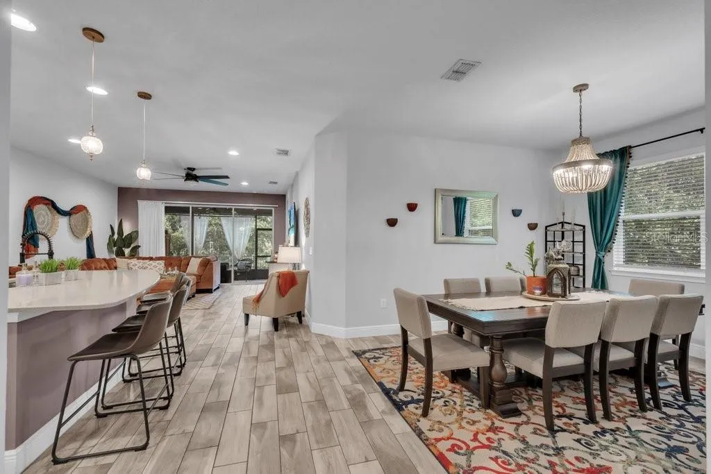 Dining room and kitchen island.