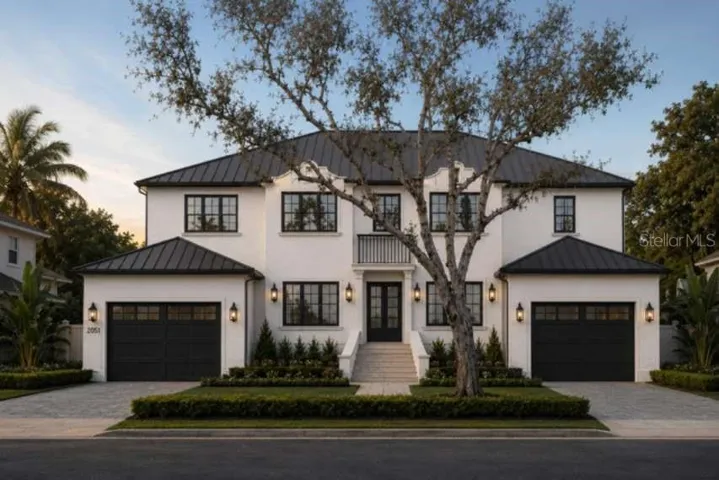Front Rendering  - Actual oak tree sits in front of house.