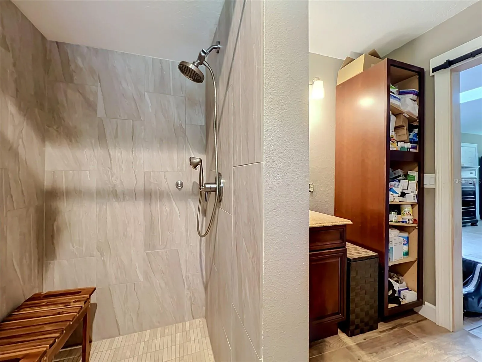 Shower and the room even has a bard door