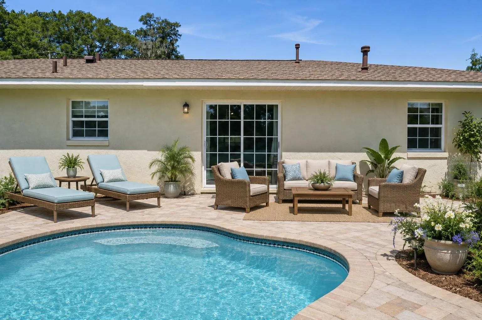 Backyard with a pool. Virtually staged