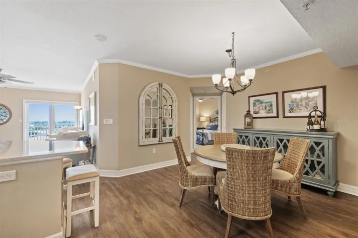 Dining area view with counter height bar from front doorway