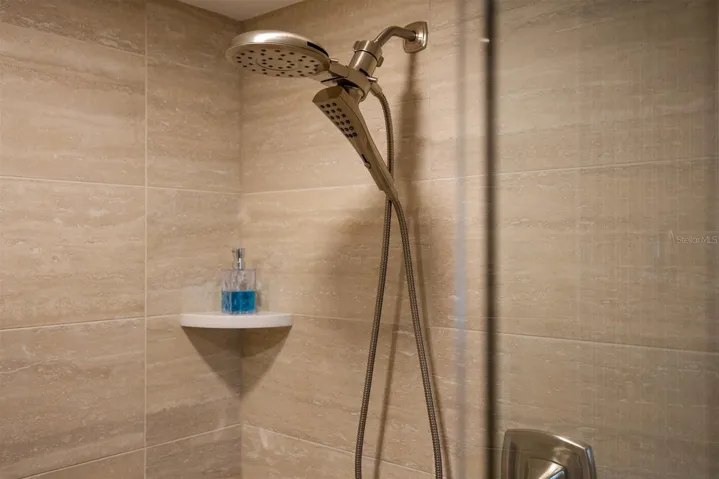 Updated shower nozzel and shelf in primary bath