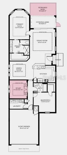Floor Plan ~ Additional Highlights Include: Tray ceiling package, 4' garage extension, double pocket doors at study, extended screened patio, pre-plumb sink at laundry, outdoor kitchen rough-in, whole house impact windows, and garage floor seal with flakes and clear coat.