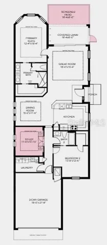Floor Plan ~ Additional Highlights Include: Tray ceiling package, 4' garage extension, double pocket doors at study, extended screened patio, pre-plumb sink at laundry, outdoor kitchen rough-in, whole house impact windows, and garage floor seal with flakes and clear coat.