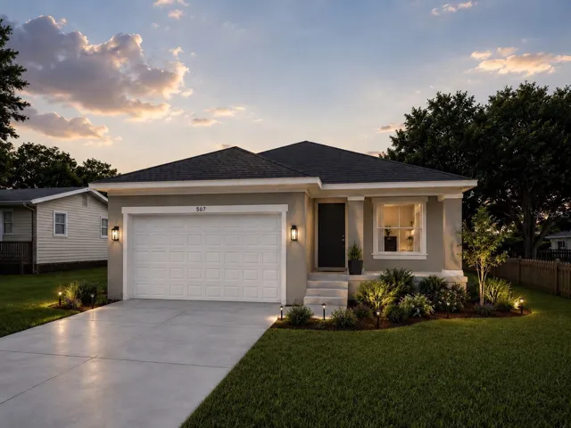 Front Digitally enhanced exterior rendering of the home