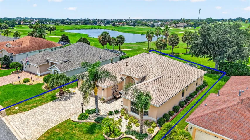 Aerial Front Elevation with Property Lines and Spectacular Golf and Water Views!