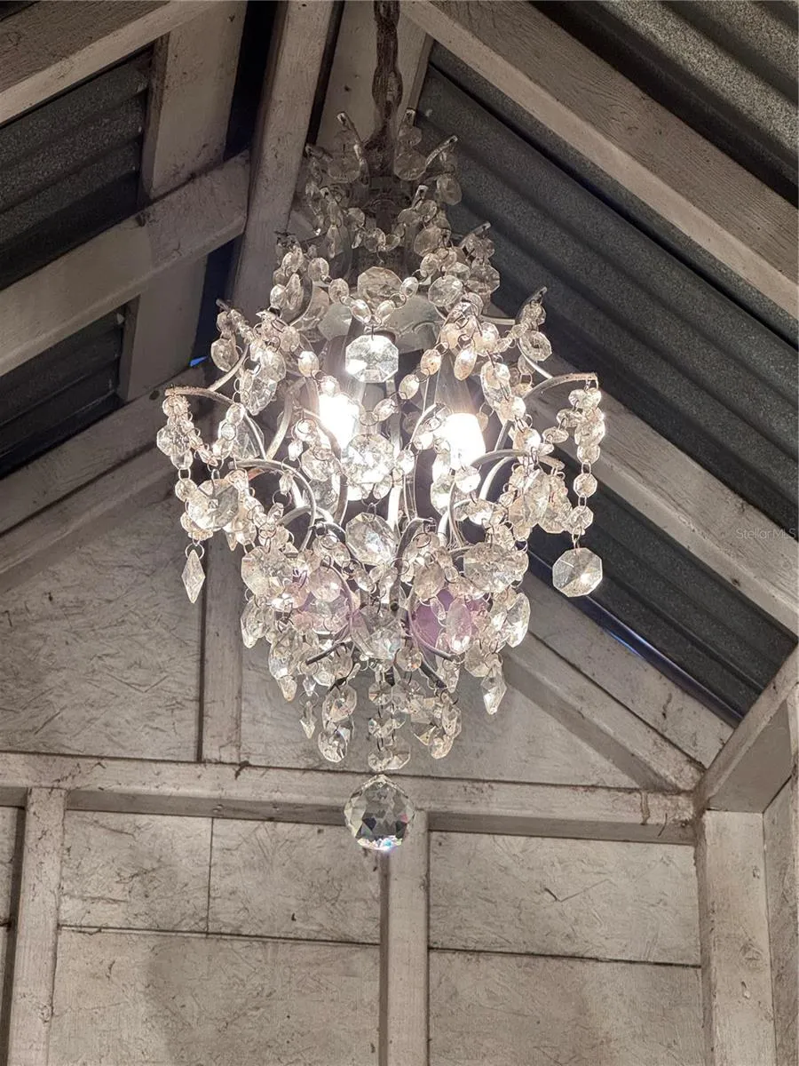 Chandelier inside the chicken coups….that also has outside lights, inside and a fenced area