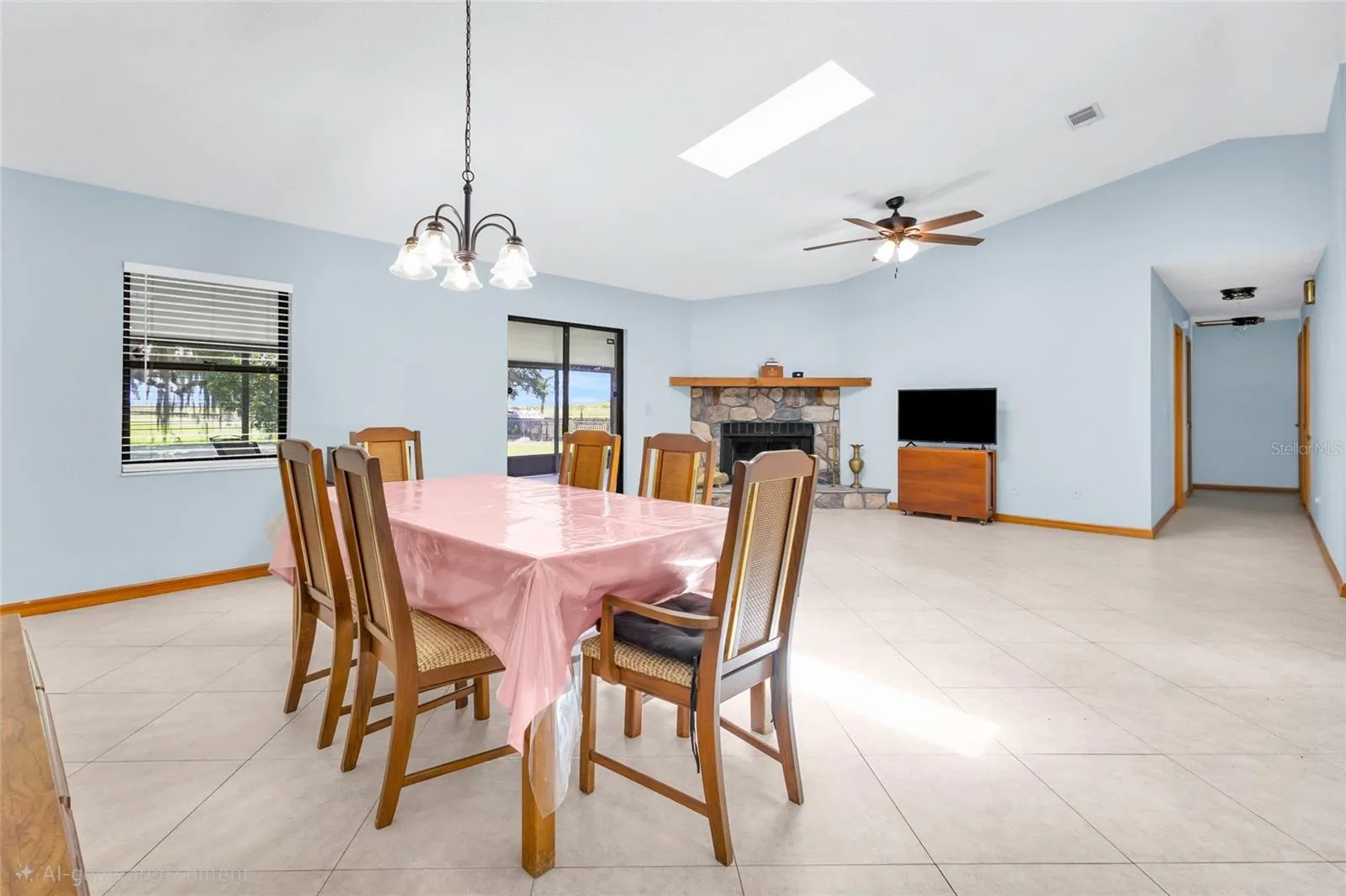 Dining area with vaulted ceilings