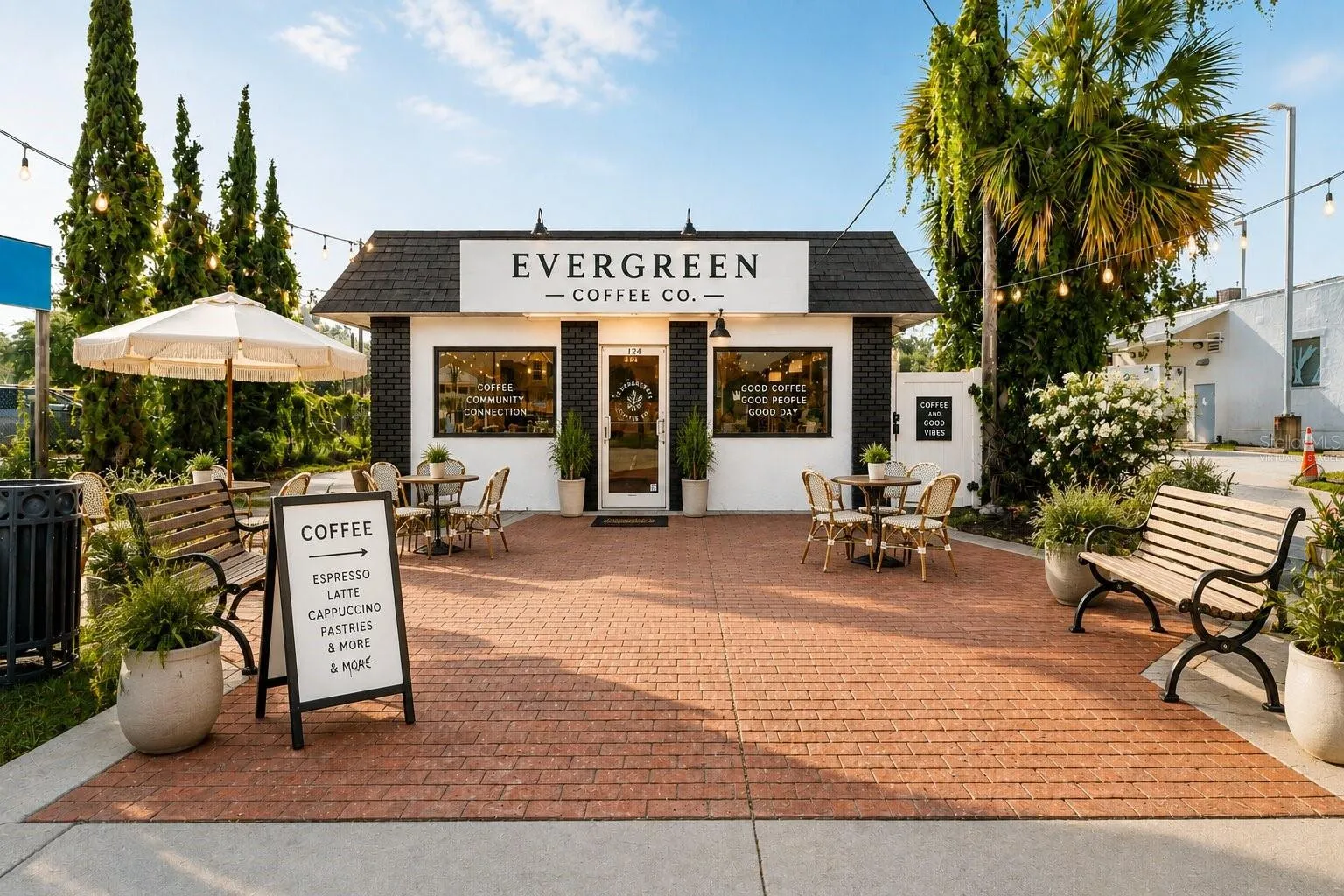 Front Exterior Virtually Staged as Coffe Shop