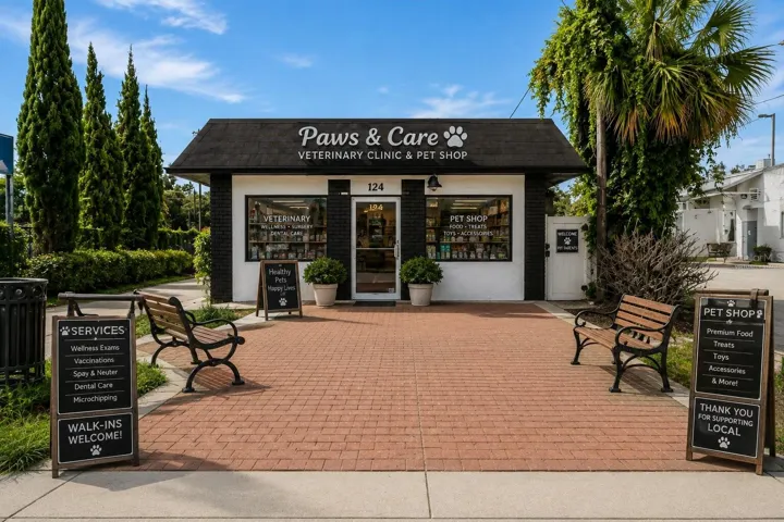 Front Exterior Virtually Staged as Veterinary Clinic &amp; Pet Shop