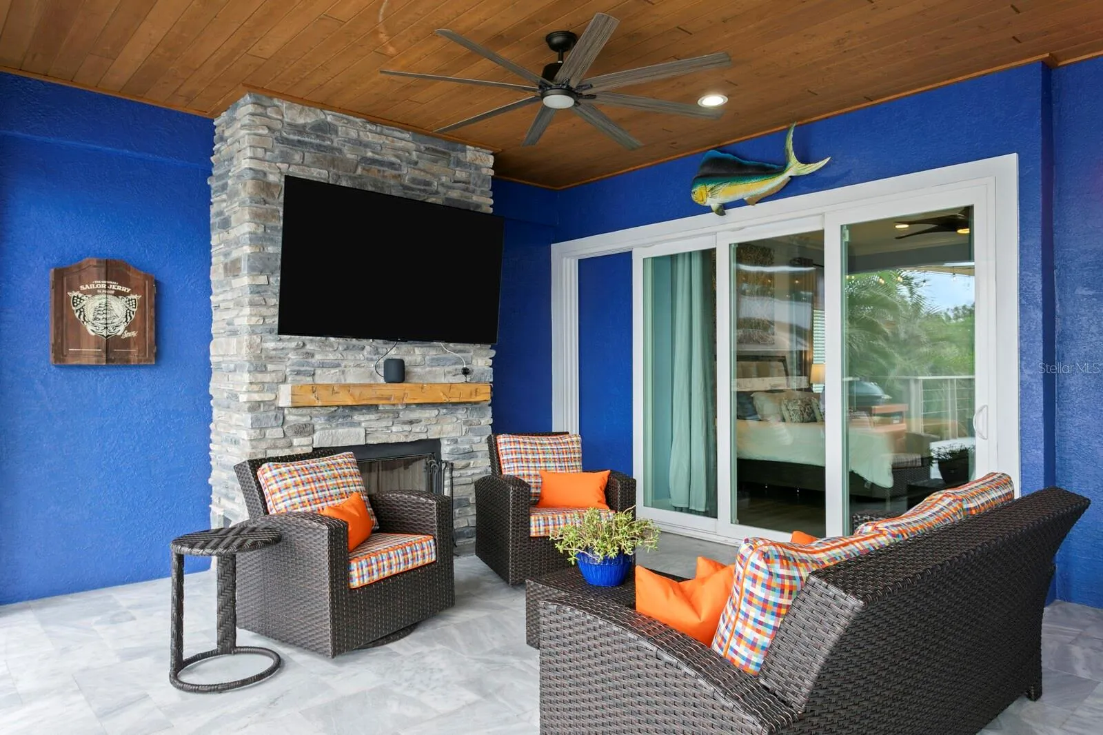Propane fireplace just off Primary Bedroom with triple pocket sliding doors