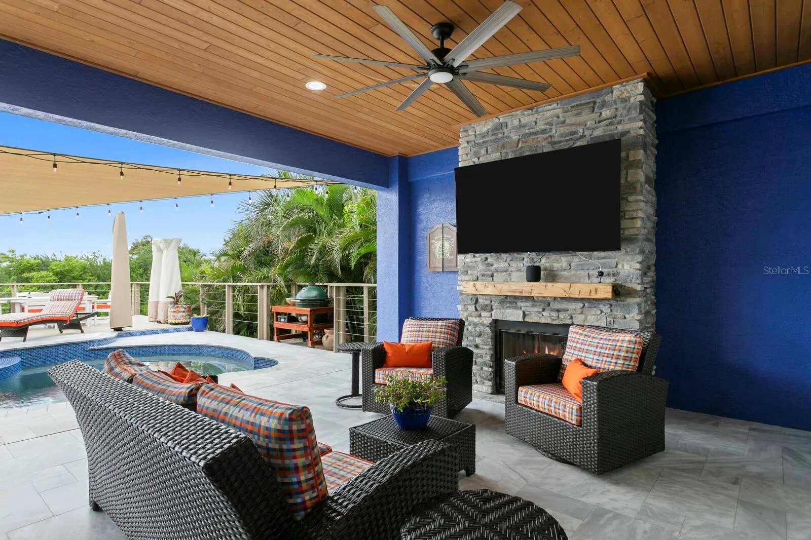 View from covered Patio overlooking custom deck railing and canal