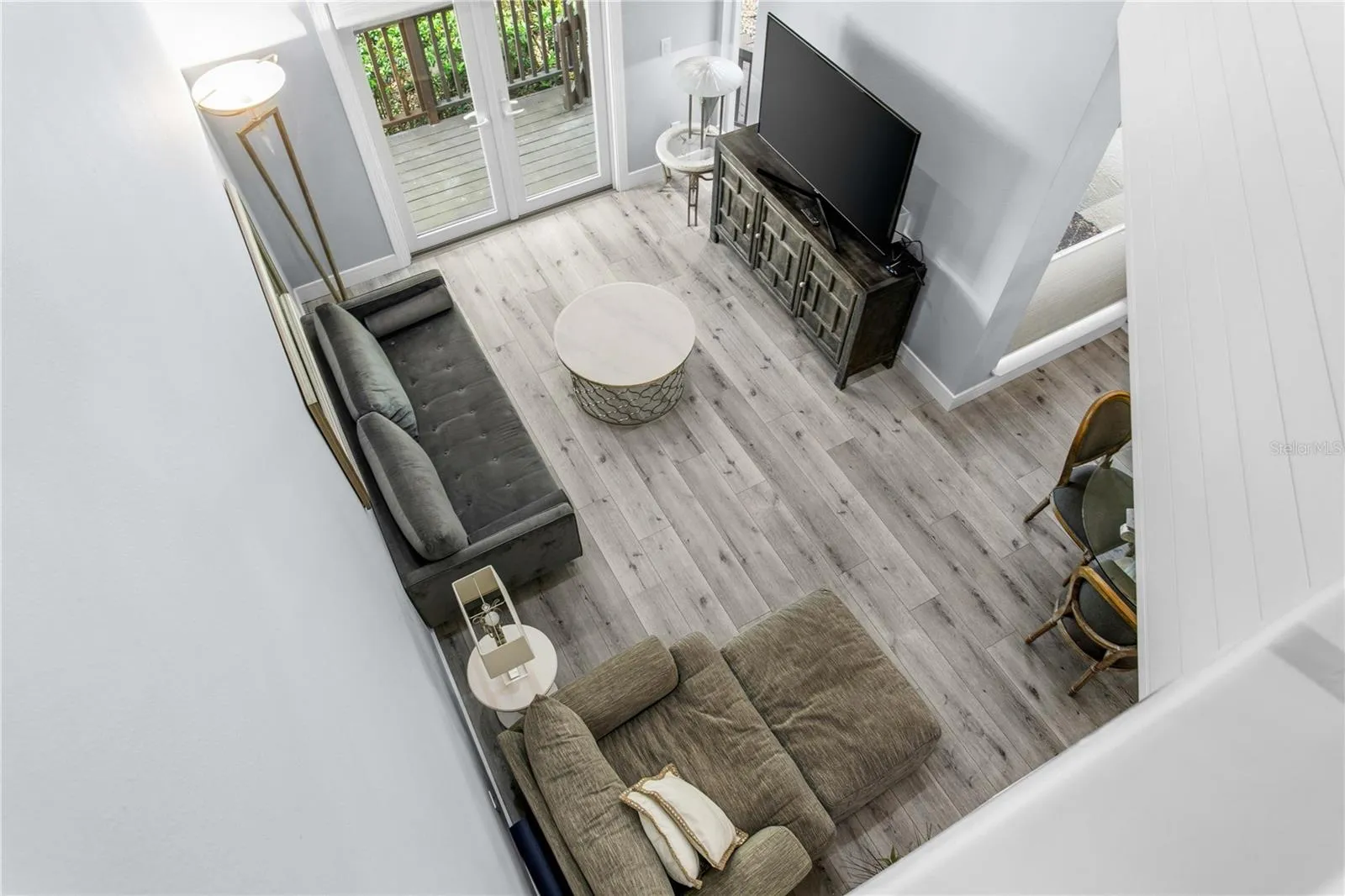 Looking down onto the spacious living room.