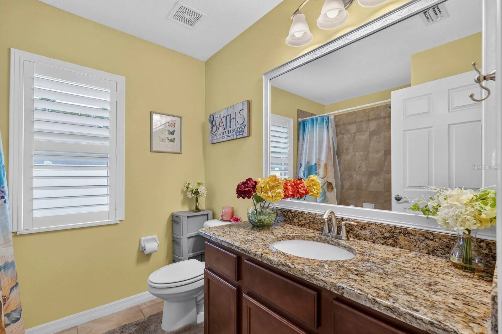 guest bathroom features wood cabinetry, granite countertop