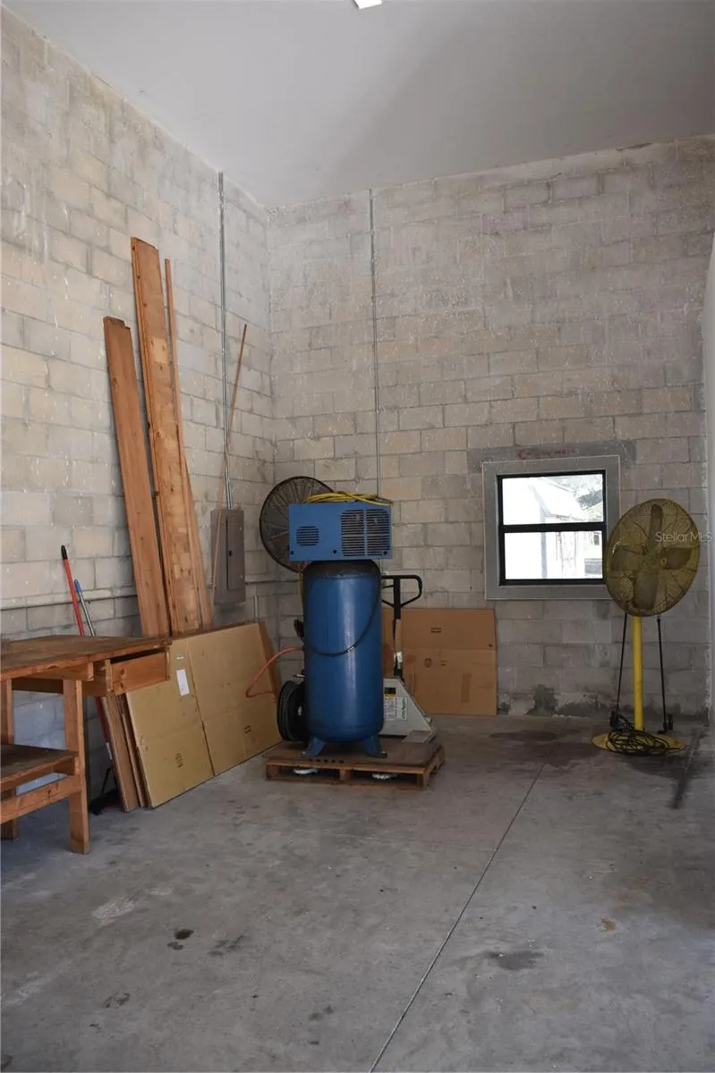 work area behind garage office