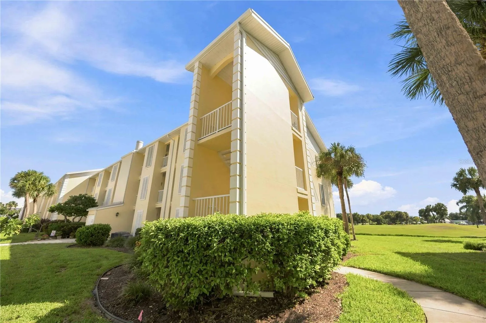 Tropical views greet you from the walkway, with palms and beautifully maintained green space beyond.