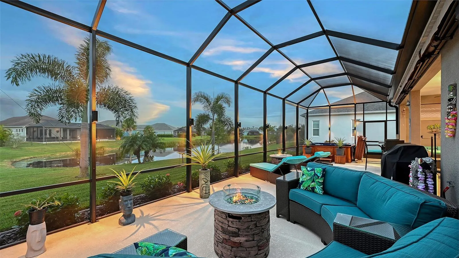 Outdoor entertaining area with pond views