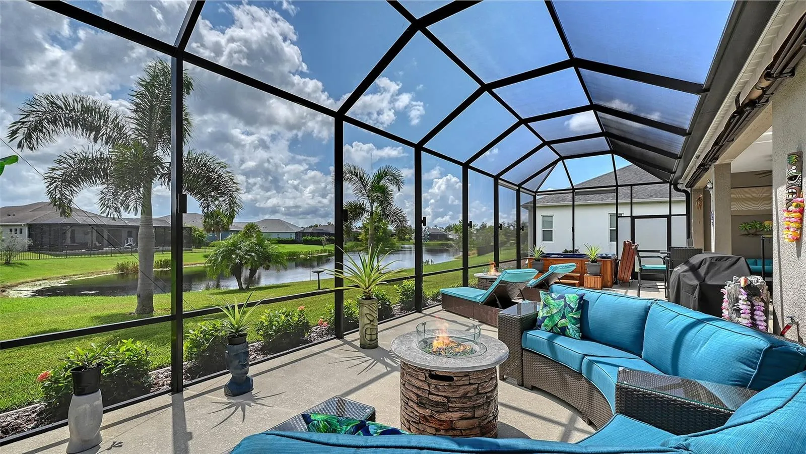 Outdoor entertaining area with pond views