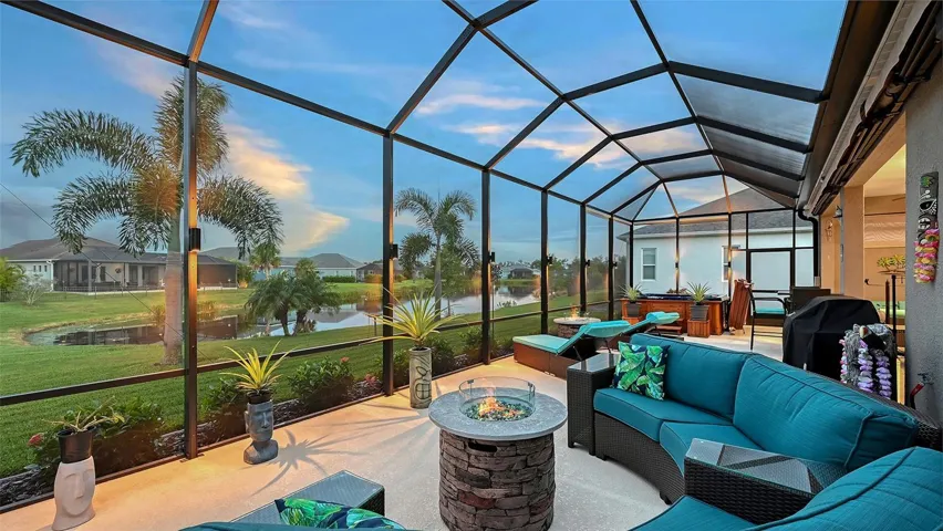 Outdoor entertaining area with pond views