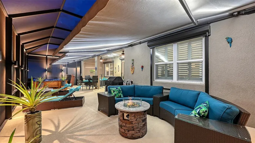 Outdoor entertaining area with pond views