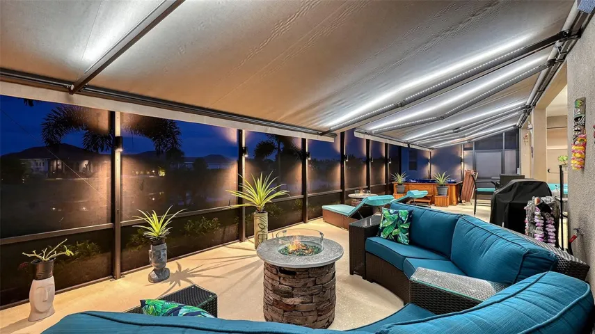 Outdoor living space with awnings
