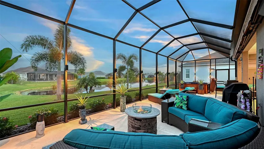 Outdoor entertaining area with pond views - awnings retracted