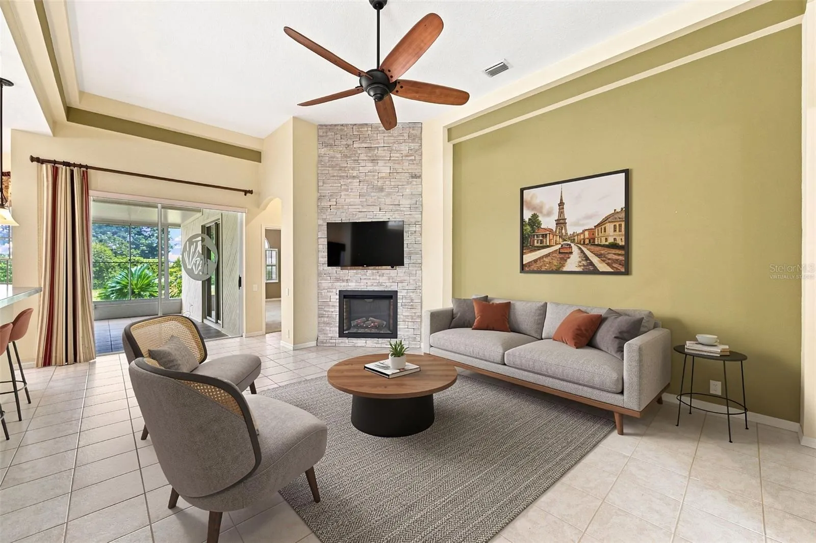 Virtually Staged Family Room -Stone Accent Wall