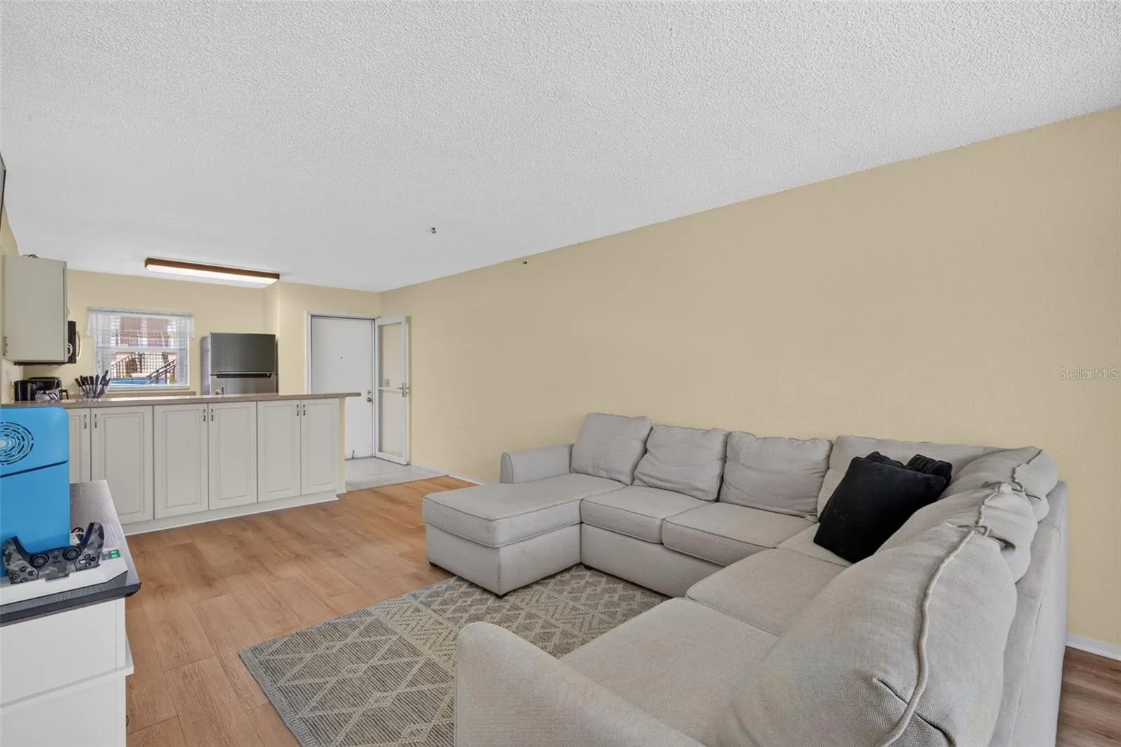 Living Room with Wood Like Laminate Flooring