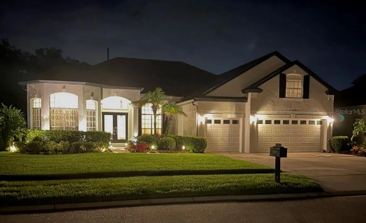 front at night with lighting- pretty!
