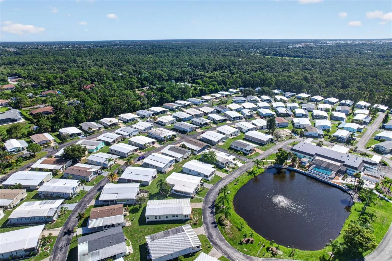 Aerial view showing large community pond and pool area