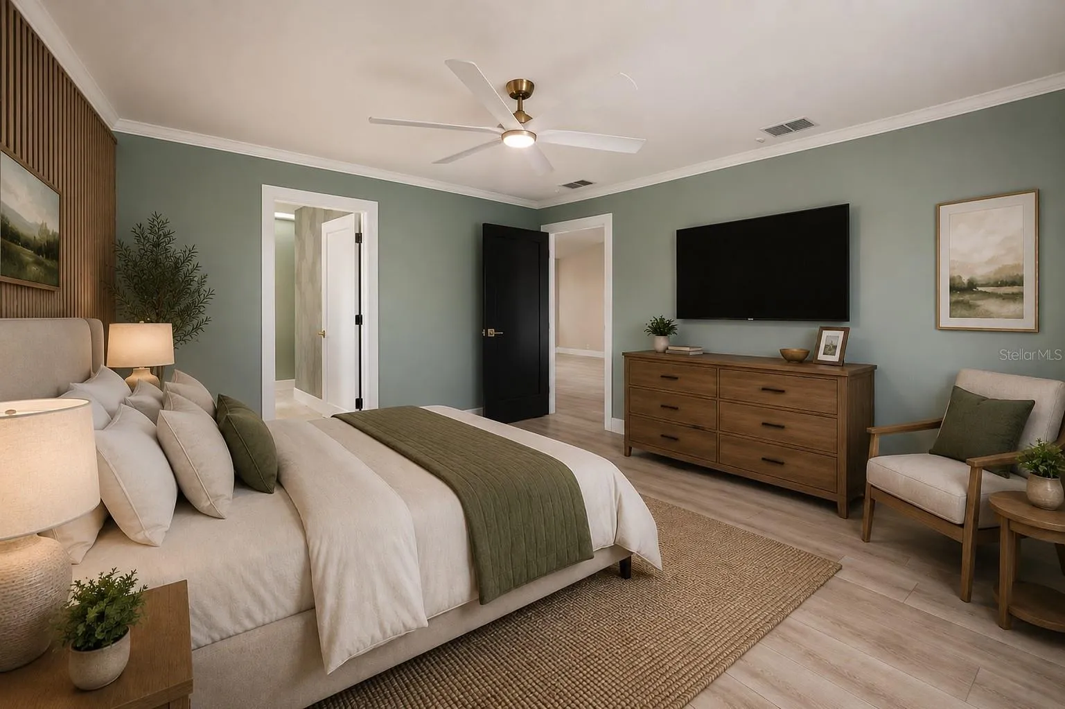Primary Bedroom with door to Living Room and ensuite bathroom