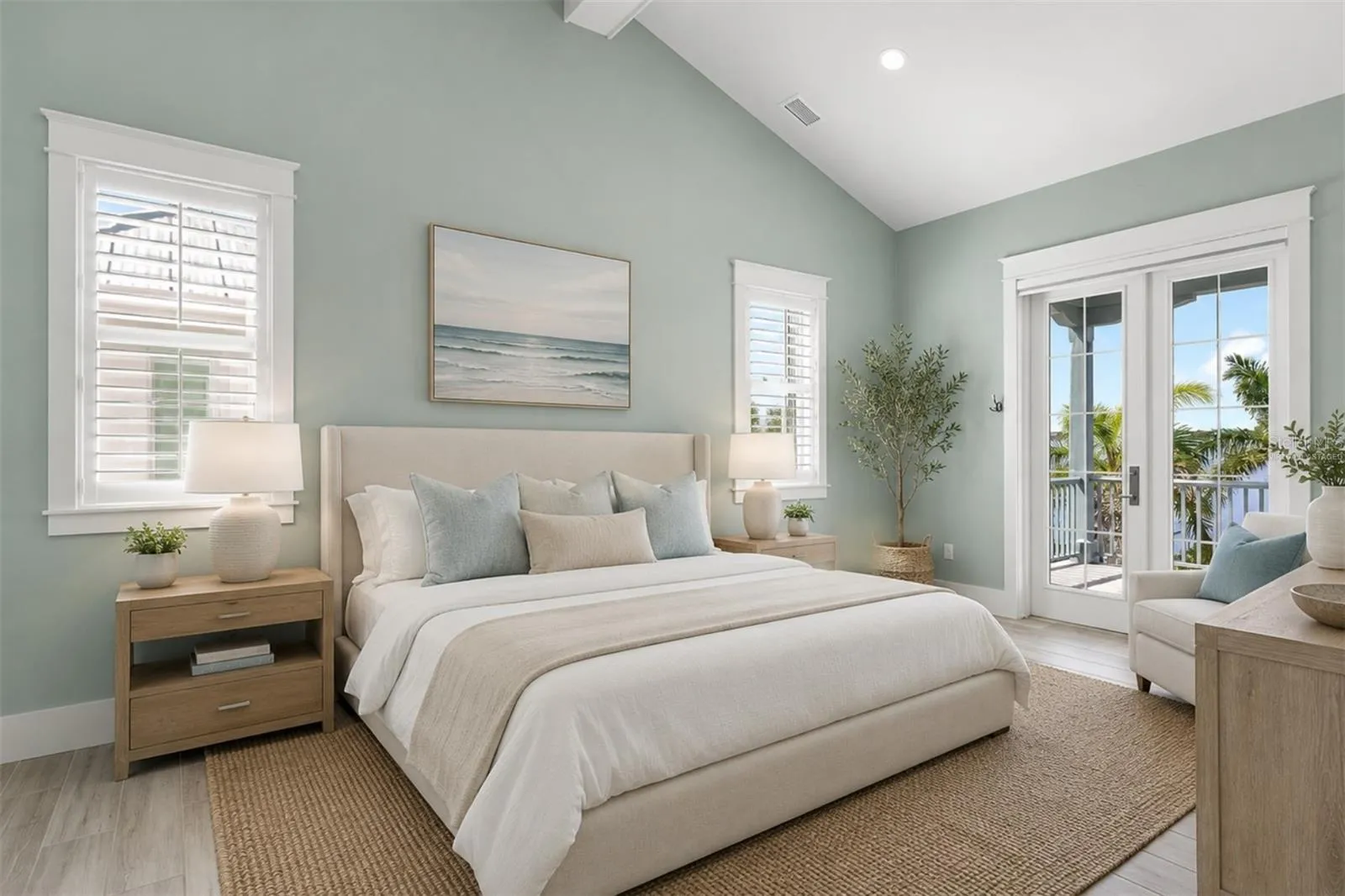 Virtually staged. The second floor primary bedroom with ensuite bathroom, walk-in closet, and a covered balcony