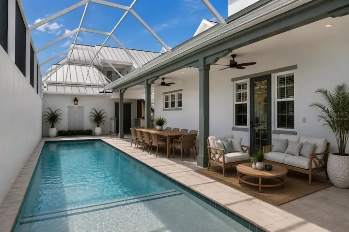 Virtually staged outdoor living oasis featuring spa jets, saltwater caged pool, and access to the ground floor primary bedroom (to the right)