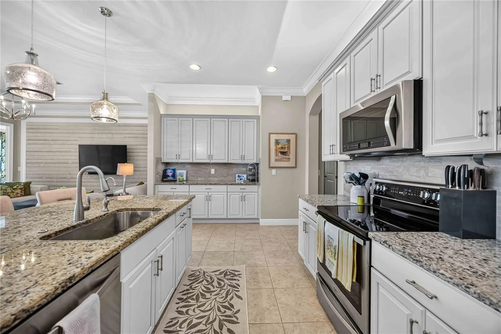 light cabinets and granite, fabulous lighting, large kitchen with multiple cabinets and counters