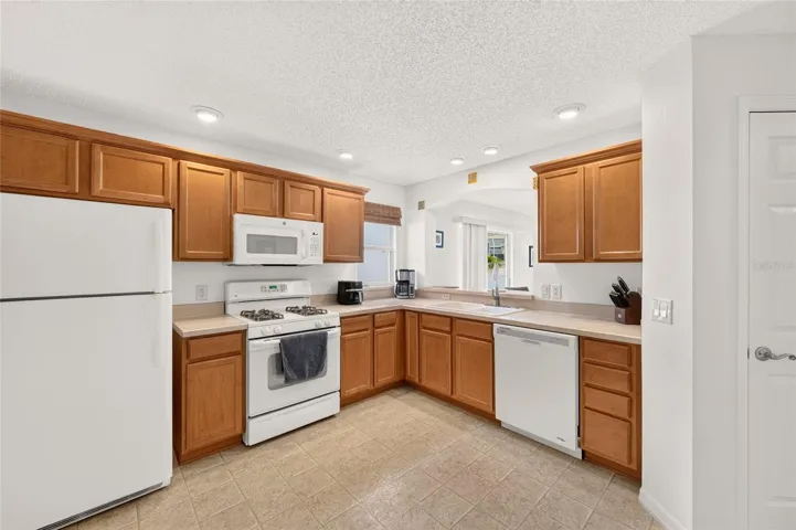 Kitchen looking into dining area