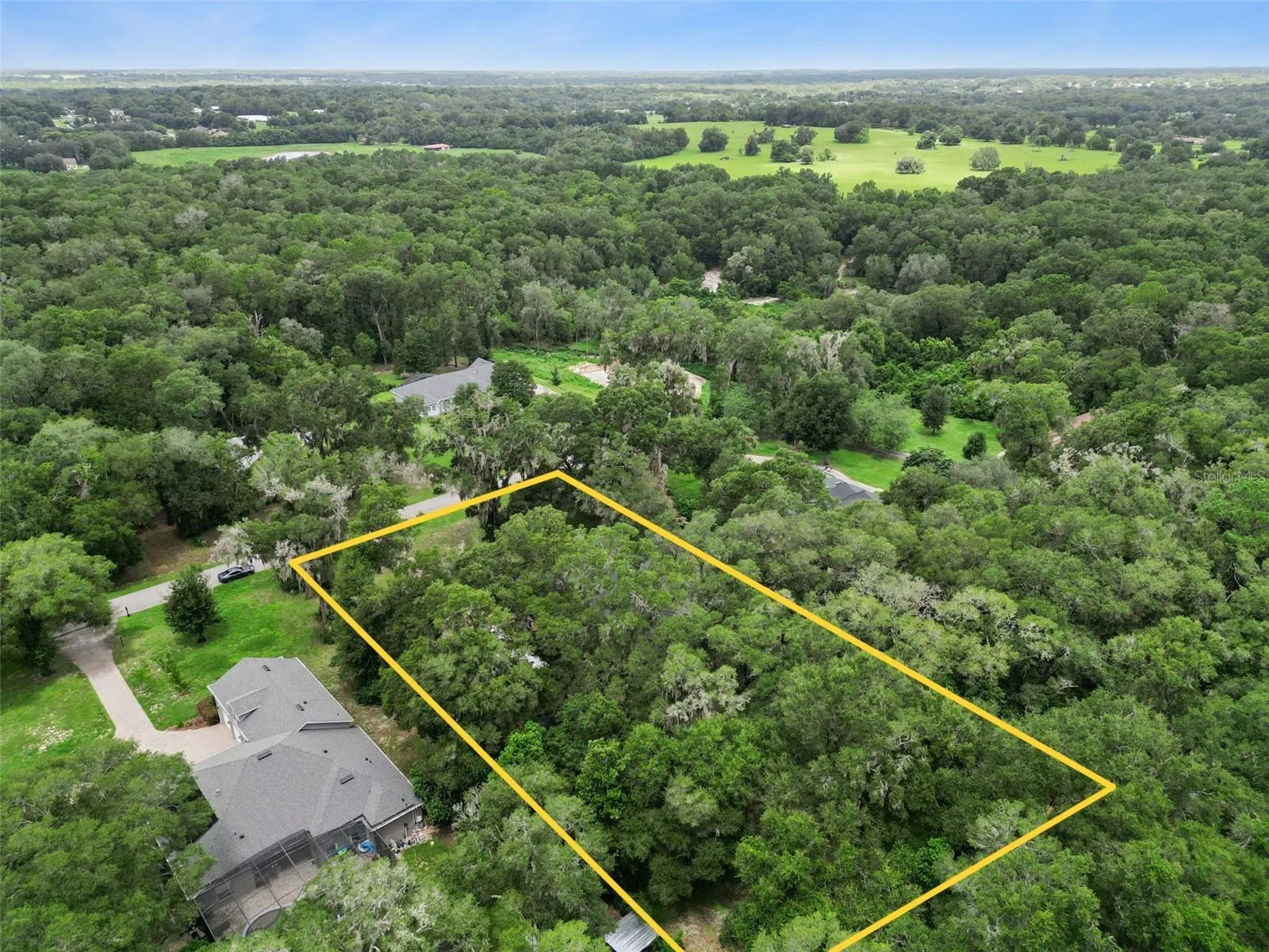 Elevated aerial showcases the wooded surroundings and spacious neighboring homesites.