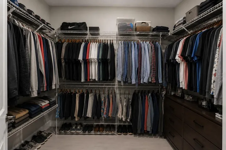 One of two identical walk-in closets in the primary suite. Virtually Staged.