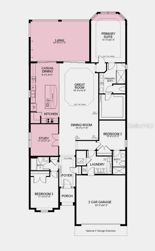 Floor Plan - Additional Highlights Include: outdoor kitchen rough-in, casual dining extension, quartz countertops, 4' garage extension, bay window added to the primary bedroom, and laundry room sink