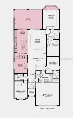 Floor Plan - Additional Highlights Include: outdoor kitchen rough-in, casual dining extension, quartz countertops, 4' garage extension, bay window added to the primary bedroom, and laundry room sink