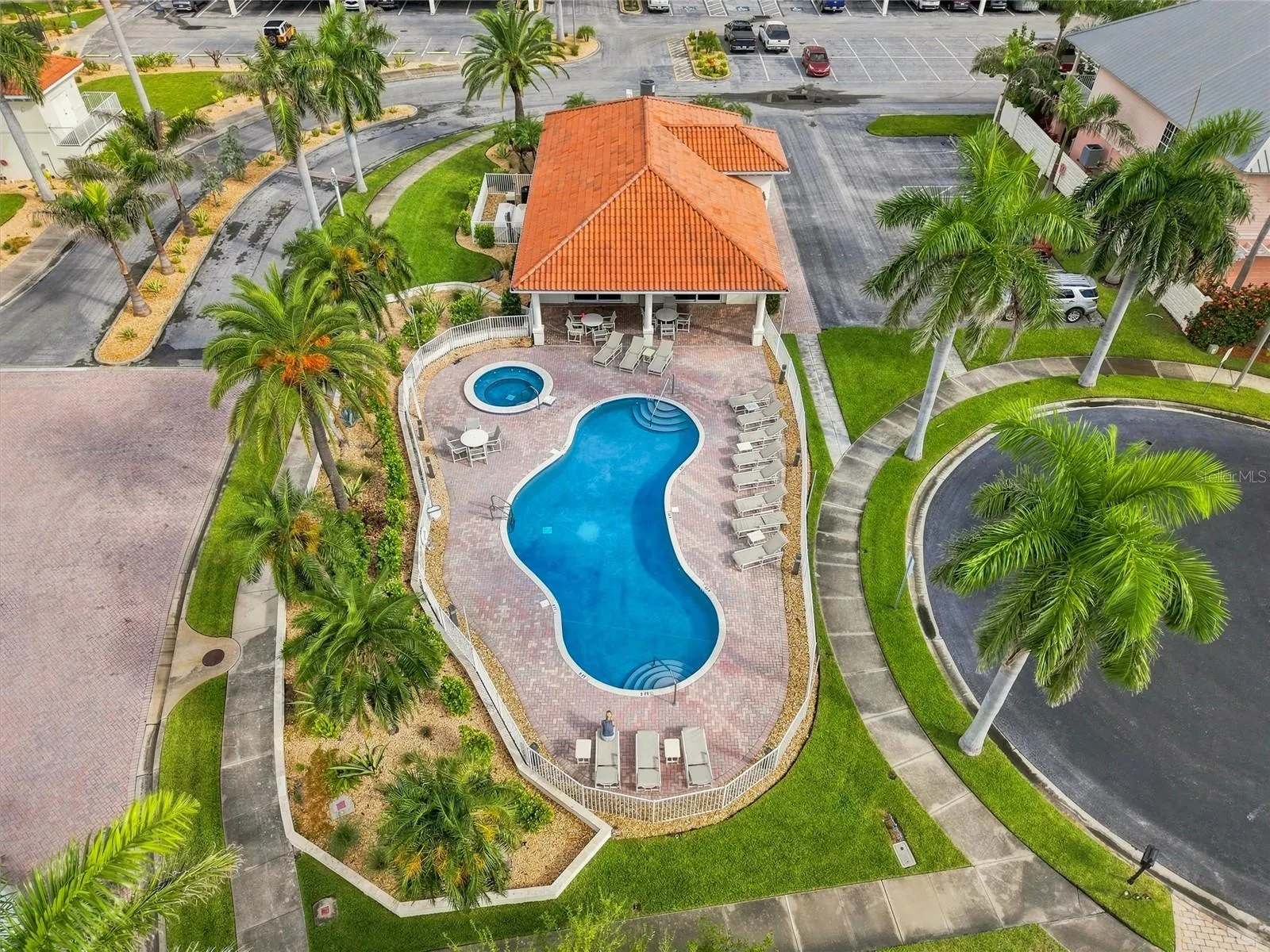 Eagle eye view of clubhouse and pool