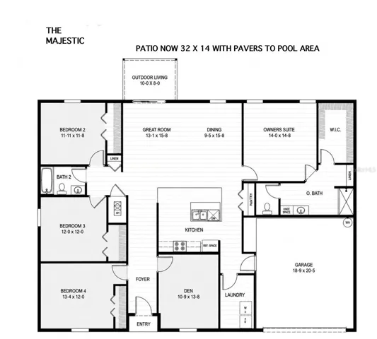 Floor Plan: The LINES indicate luxury Vinyl Flooring and the shaded area indicate the carpeting in bedrooms 2-3-4 and the office/Den