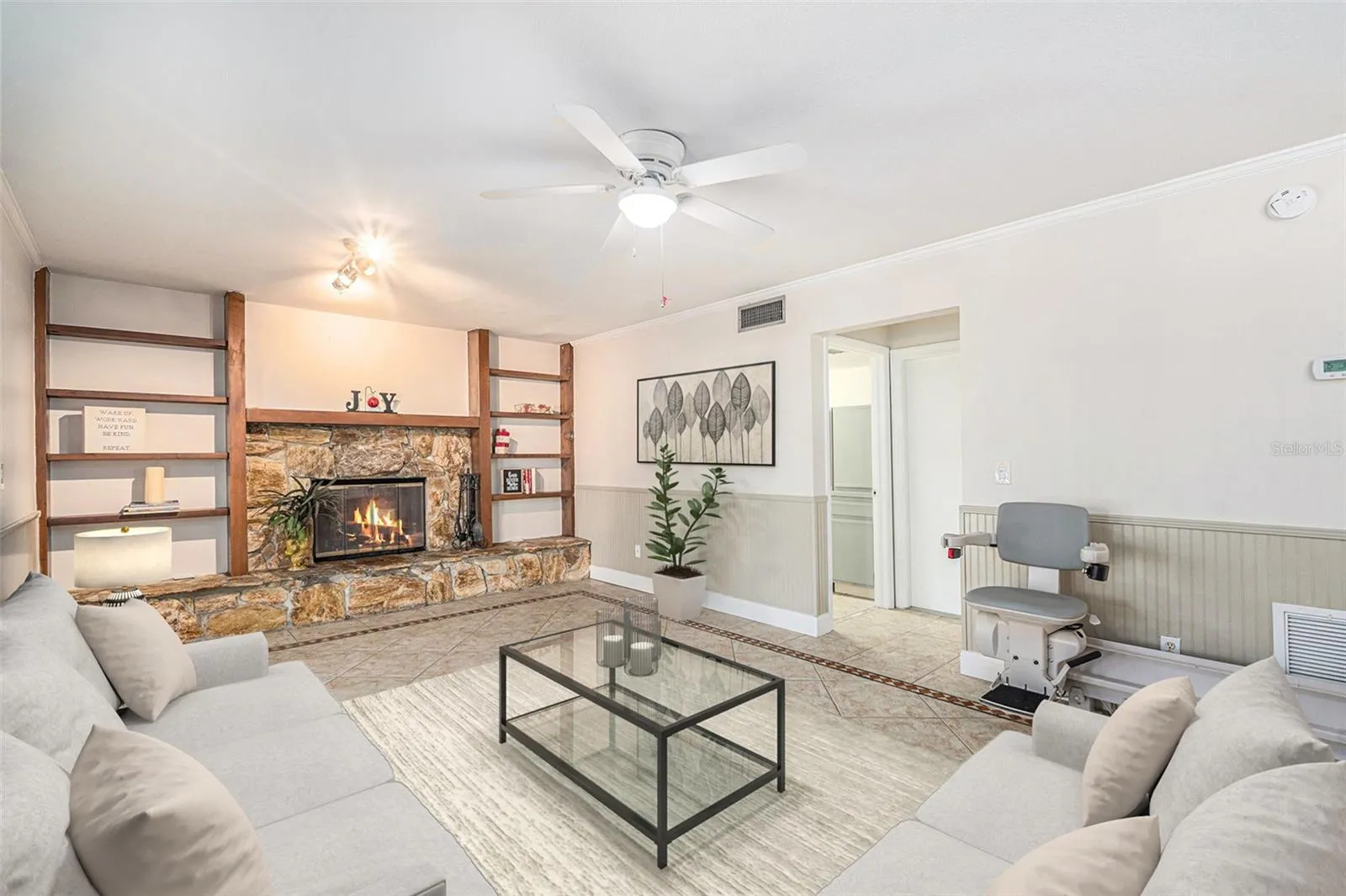 Family room with wood burning fireplace