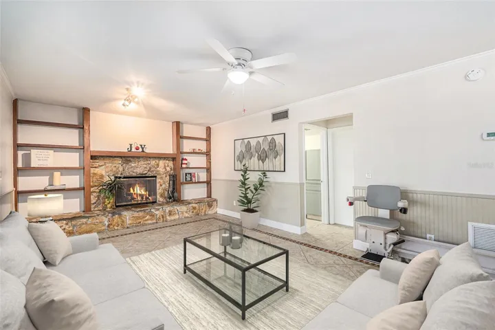 Family room with wood burning fireplace