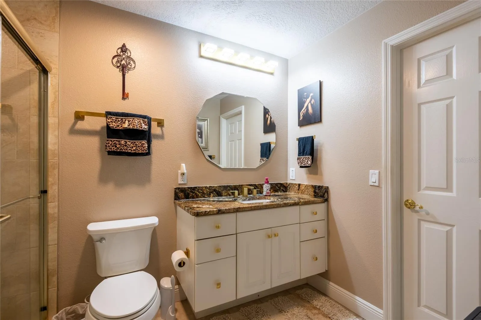 View of the bathroom with door leading to the huge walk-in closet.