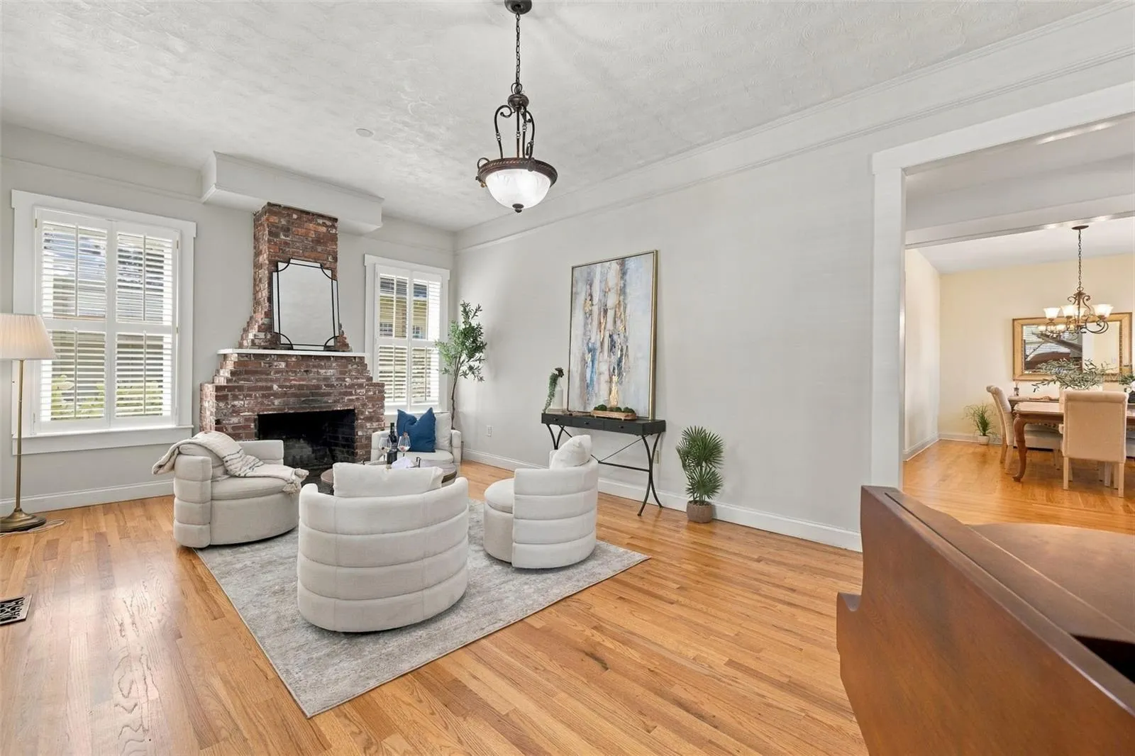 Living room with woodburning fireplace
