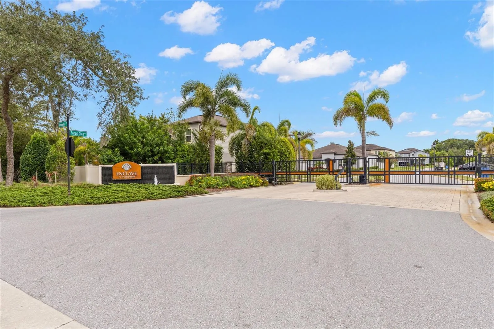 The gated entrance to Enclave at Palm Harbor sets the tone with tropical landscaping, palms and a polished streetscape, creating a welcoming sense of arrival before you ever reach the home.
