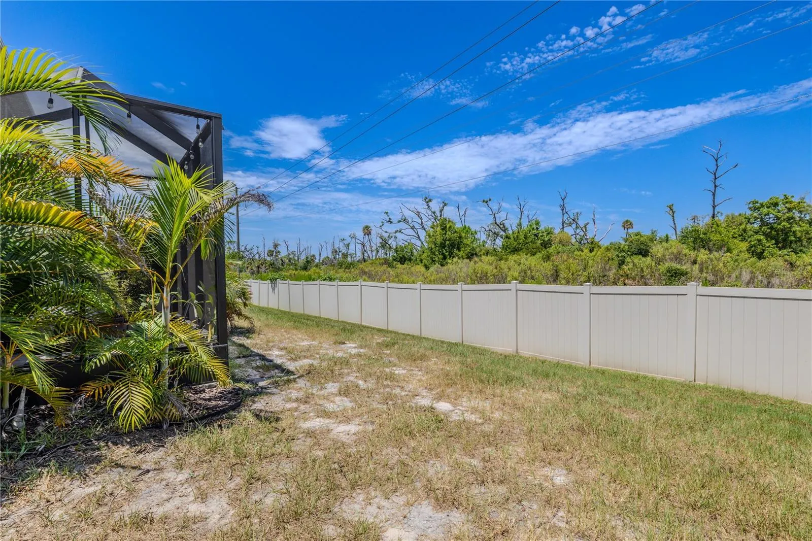 A fenced rear yard stretches alongside the screened lanai, creating useful outdoor space with a broad green backdrop that adds privacy and an open feel.