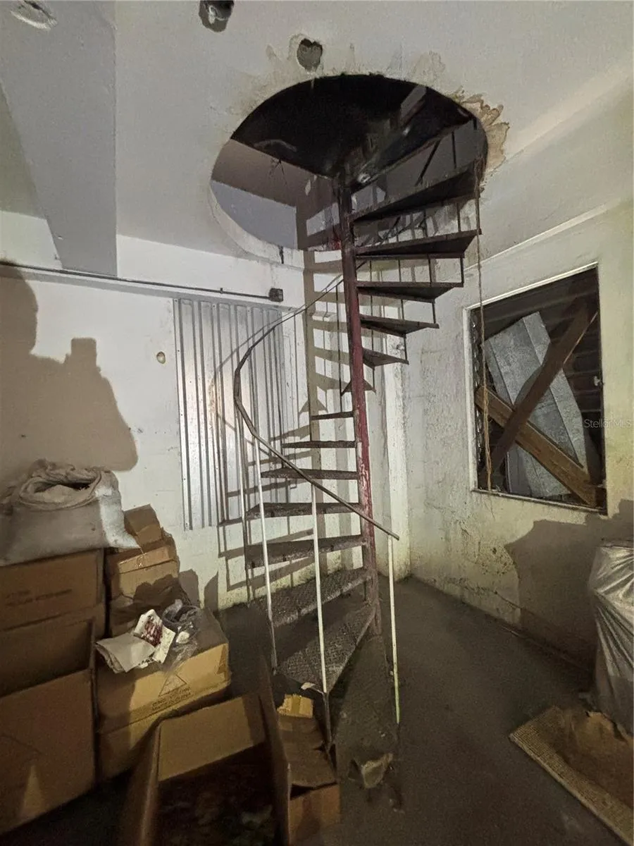 Spiral staircase on the lower warehouse level.